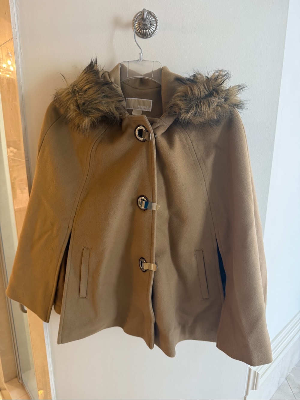 Michael Kors Camel Hooded Cape Coat with Faux-Fur Trim
